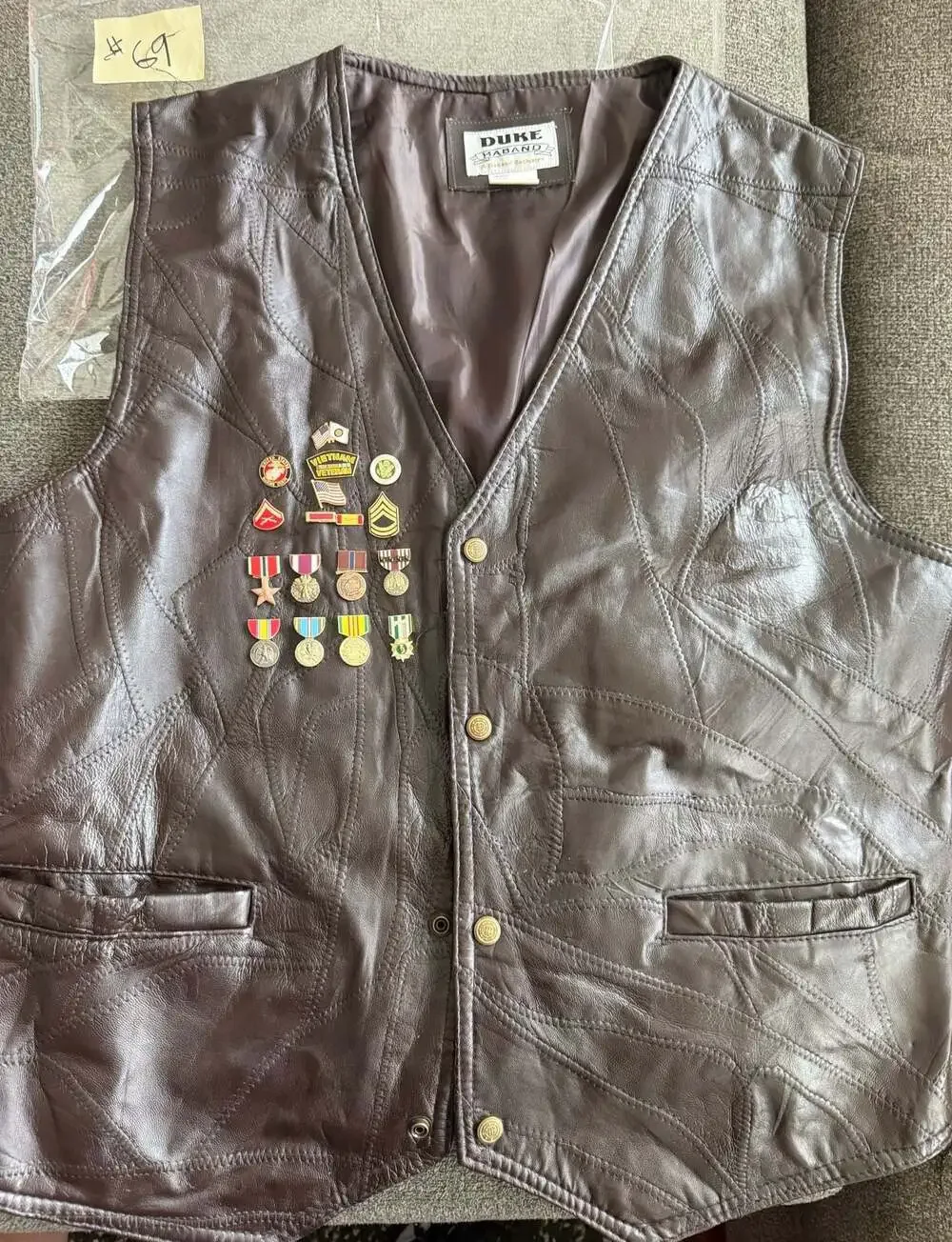 Duke Haband Brown Genuine Leather Patchwork Biker Vest Size XL with Veteran Pins